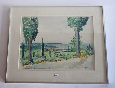 aquarelle encadrée représentant un paysage avec des arbres et une route