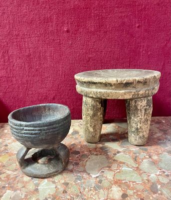 a small table with a bowl on it and a small stool on the table