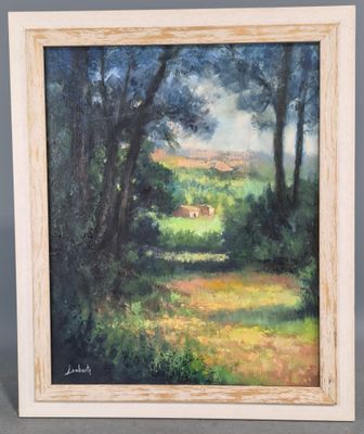 a painting of a field with trees and a house in the distance