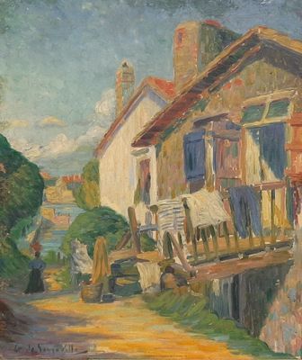 an oil painting of a house on a hill with a river in the background