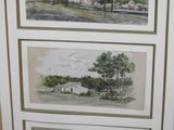 two paintings of a house and trees are hanging on a wall