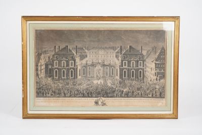 an old picture of a large building with a crowd of people in front of it