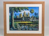 une peinture représentant une image d'un temple avec un étang devant