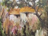 an oil painting of a house in a field next to a river