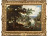 an oil painting of a river scene with boats in the foreground