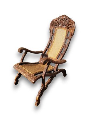 wooden rocking chair with wicker seat and arm rest