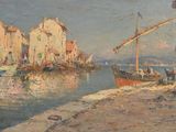 a painting of a boat in the water near a building