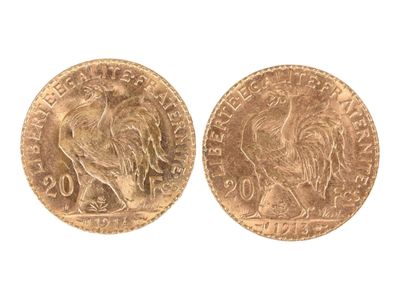 Deux pièces de vingt francs or au coq, 1913 et 1914. Usures. - Photo 1