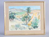une peinture à l'huile représentant un paysage désertique avec des palmiers et des montagnes en arrière-plan