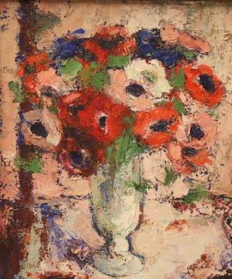 a painting of flowers in a vase on a table