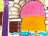 une peinture représentant un bâtiment surmonté d'une horloge