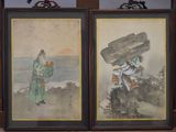 deux peintures chinoises encadrées représentant un homme et une femme sur une plage