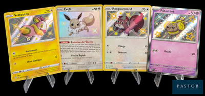 Plusieurs cartes Pokémon sont alignées les unes à côté des autres sur un fond noir.