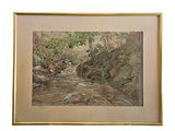 painting of a stream in a forest with rocks and trees