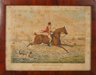tableau représentant un homme à cheval, avec un chien qui court derrière lui