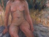 tableau représentant une femme nue assise sur un rocher dans un environnement boisé