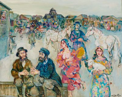 une peinture représentant un groupe de personnes assises sur un banc