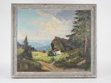an oil painting of a rural scene with a house in the foreground