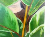 un tableau représentant un oiseau dans un arbre aux feuilles vertes