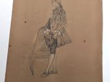 an old drawing of a man sitting on a chair with a dog
