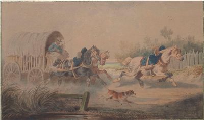 tableau représentant un groupe de personnes à cheval et une charrette tirée par des chevaux