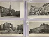 quatre photographies en noir et blanc représentant de vieux bâtiments et des chevaux dans une ville