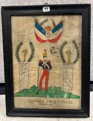 tableau représentant un soldat en uniforme tenant une épée devant un drapeau