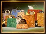 painting of a group of cats sitting in a pile of shopping bags