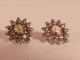 a pair of silvertone earrings on a white surface