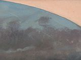 a painting of a man riding a surfboard on the beach
