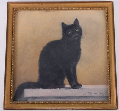 tableau représentant un chat noir assis sur un rebord, dans un cadre doré