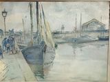 a painting of a boat in a harbor with people on the dock