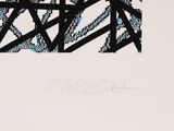 a black and white drawing of a building with a clock on it