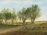 un tableau représentant une scène de vie à la ferme avec des vaches dans un champ