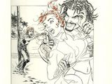 drawing of a man holding a woman in his arms while another man looks on