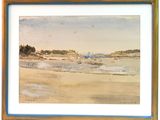 un tableau représentant une scène de plage avec des bateaux dans l'eau