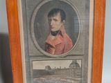 an old picture of a man in a red shirt and a picture of a building
