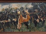 tableau représentant un groupe d'hommes à cheval avec un tigre au premier plan