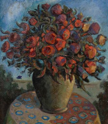 une peinture de fleurs dans un vase sur une table