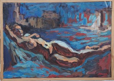 painting of a man and a woman laying on a bed in a room