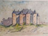 un tableau représentant un château sur une colline, avec un bateau au premier plan