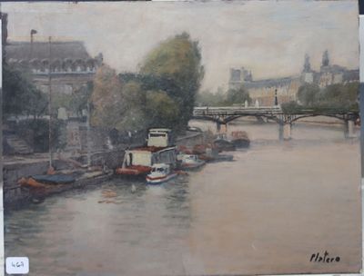 une peinture représentant des bateaux sur l'eau près d'un pont