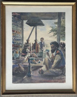 painting of a group of men sitting on a porch in front of a building