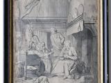 an old drawing of a family gathering in a living room