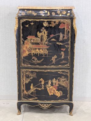 an image of a black and gold painted cabinet with oriental scenes on it