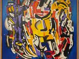 une image représentant un tableau accroché au mur, sur fond bleu
