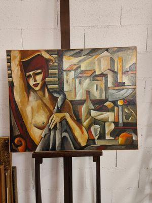 un tableau représentant une femme assise sur une chaise devant un tableau