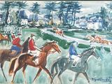 un tableau représentant un groupe de personnes à cheval sur une piste