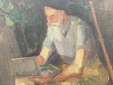 painting of a man sitting in a chair using a laptop computer