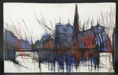 tableau représentant un tableau d'une ville avec de grands immeubles en arrière-plan